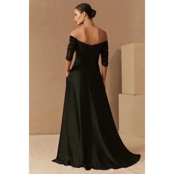 NWT BHLDN Bowden Satin Off Shoulder Formal Maxi Dress Loong Black 0 - Picture 3 of 5